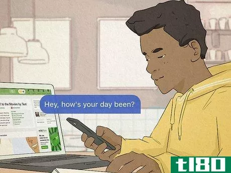 Image titled Man starting a texting conversation by sending a text reading "Hey, how's your day been?"
