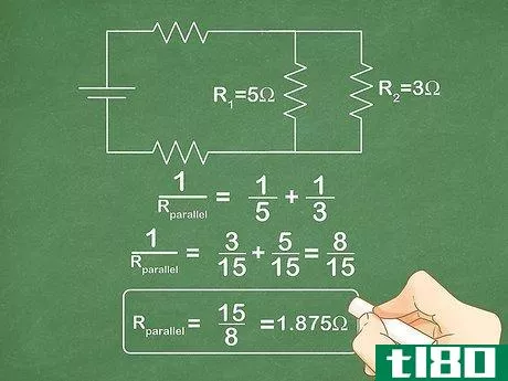 {\frac {1}{R_{{parallel}}}}={\frac {3}{15}}+{\frac {5}{15}}={\frac {3+5}{15}}={\frac {8}{15}}