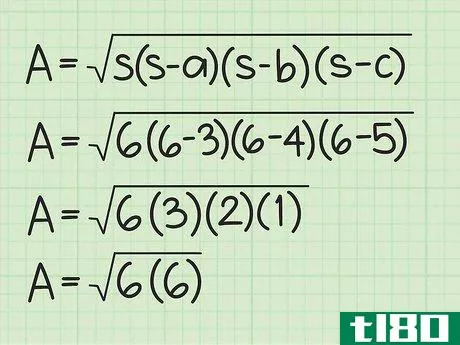 {\text{Area}}={\sqrt {6(6-3)(6-4)(6-5)}}