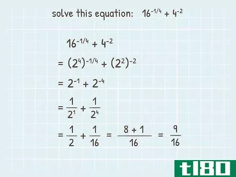 {\displaystyle {\frac {1}{\sqrt[{4}]{16}}}+{\frac {1}{(4^{2})}}={\frac {1}{2}}+{\frac {1}{16}}}