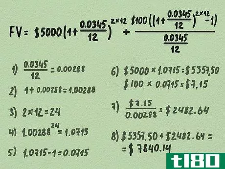 FV=\$5,000(1.0715)+{\frac {\$100(1.0715-1)}{0.00288}}