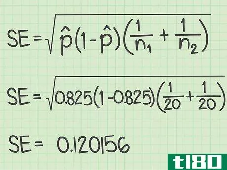 SE={\sqrt {0.825(1-0.825)\left({\frac {1}{20}}+{\frac {1}{20}}\right)}}=0.120156