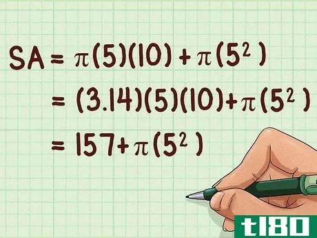{\text{SA}}=(3.14)(5)(10)+(\pi )(5^{{2}})