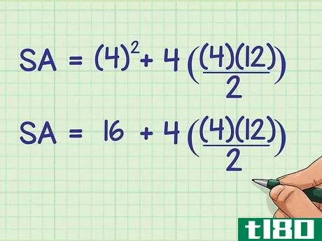 SA=4^{{2}}+4({\frac {(4)(12)}{2}})