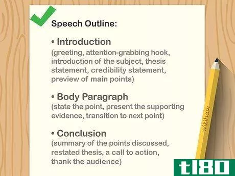 Image titled A speech outline, showing the components of an introduction, body paragraph and conclusion.