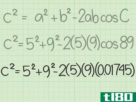 c^{{2}}=5^{{2}}+9^{{2}}-2(5)(9)(0.01745)