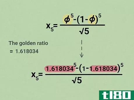 {\frac {(1.618034)^{{5}}-(1-1.618034)^{{5}}}{{\sqrt {5}}}}