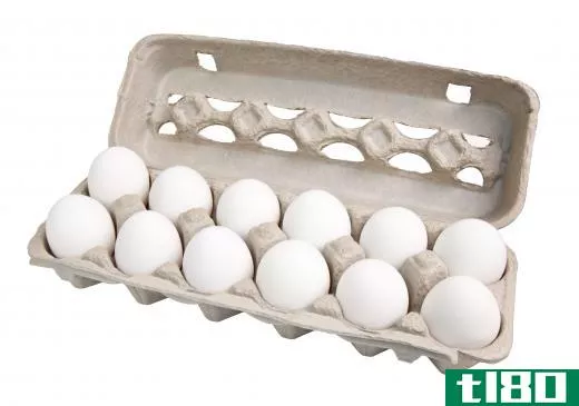 A carton of a dozen chicken eggs.