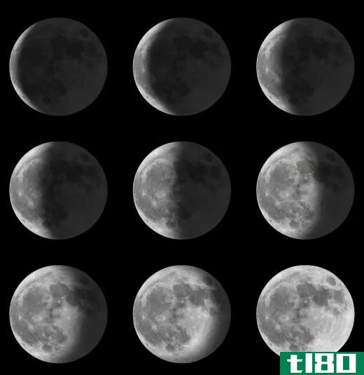 The phases of the Moon progress from a new Moon, which appears as a thin crescent, to a full Moon.