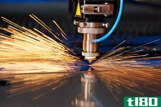 A carbon dioxide laser cutter is used to cut a sheet of metal.