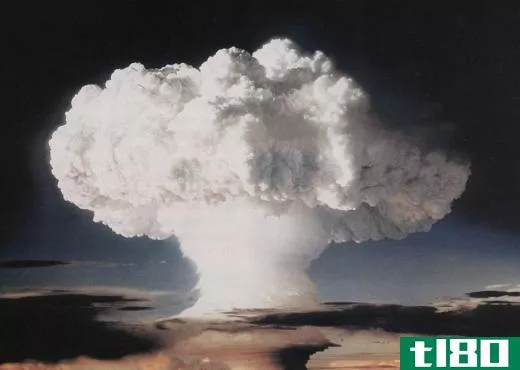 The mushroom cloud produced by a hydrogen bomb detonation can reach high into the atmosphere.