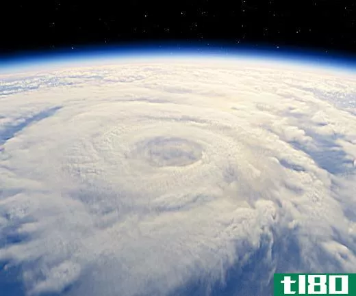 A tropical typhoon, or cyclone, viewed from space.