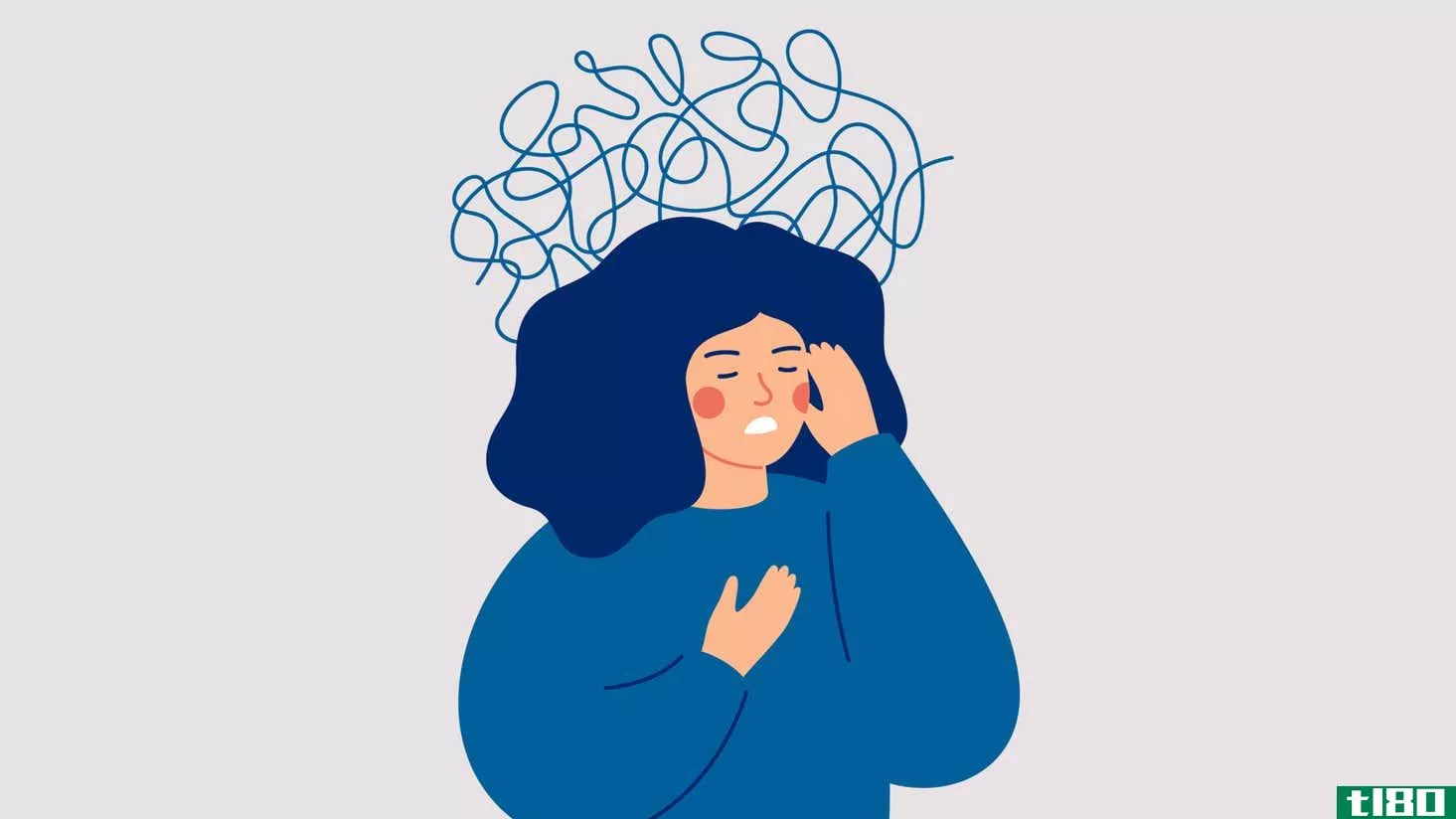 An illustration of a tired woman with scribbled lines coming out of her head representing her stressed state of mind