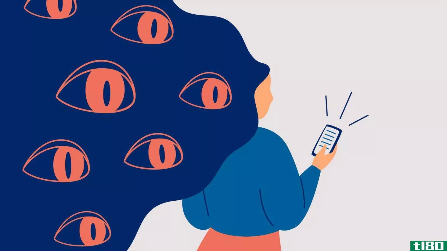 An illustration of a woman using a smartphone, with big eyes peeking out through her hair
