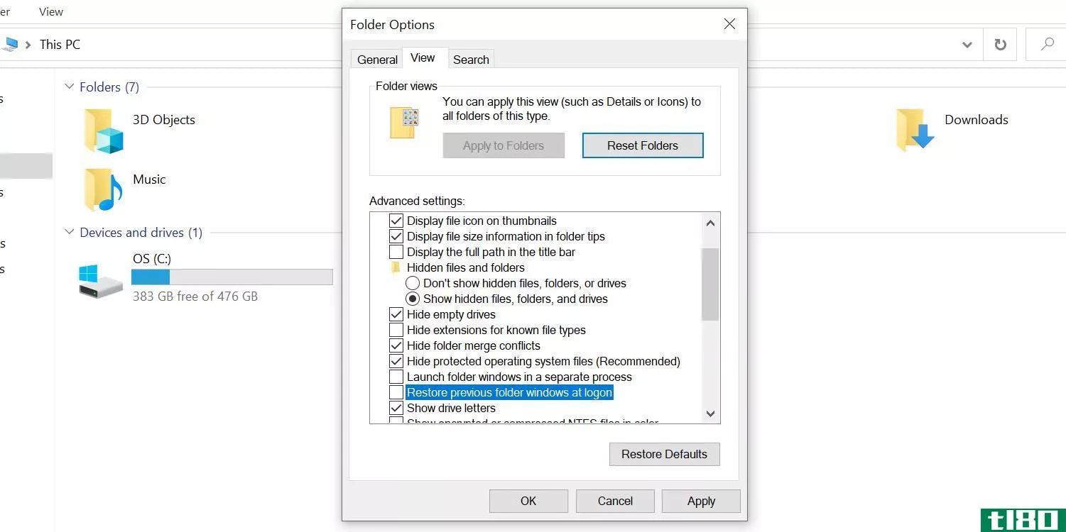 Prevent Windows 10 from reopening folders