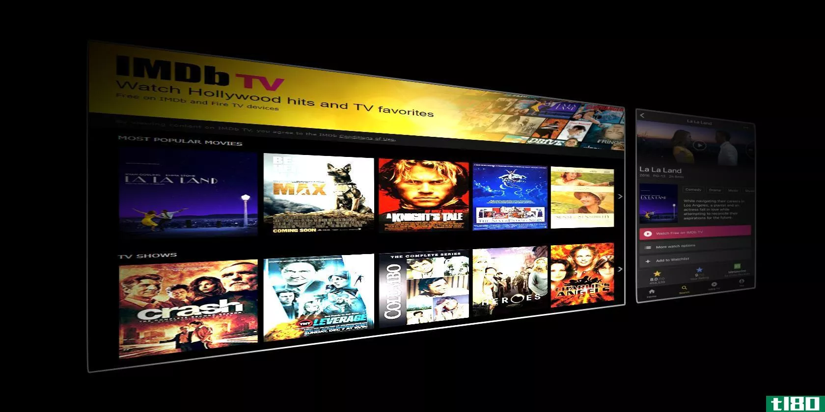 An illustration showing the Amazon iMDB TV interface in perspective view, set against a black background