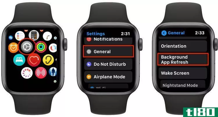 Screenshots showing how to disable Background app refresh from Apple Watch.
