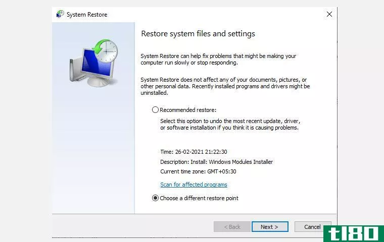 click on choose a different system restore to select a restore point of your choice