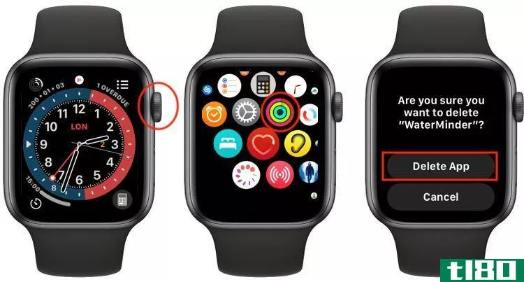 Screenshots showing how to delete apps from Apple Watch.