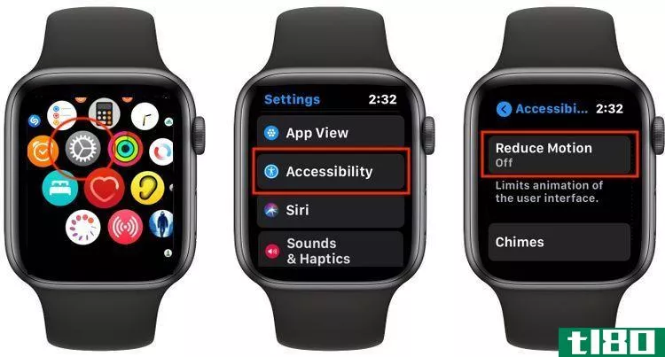 Screenshots showing how to reduce motion from Apple Watch.