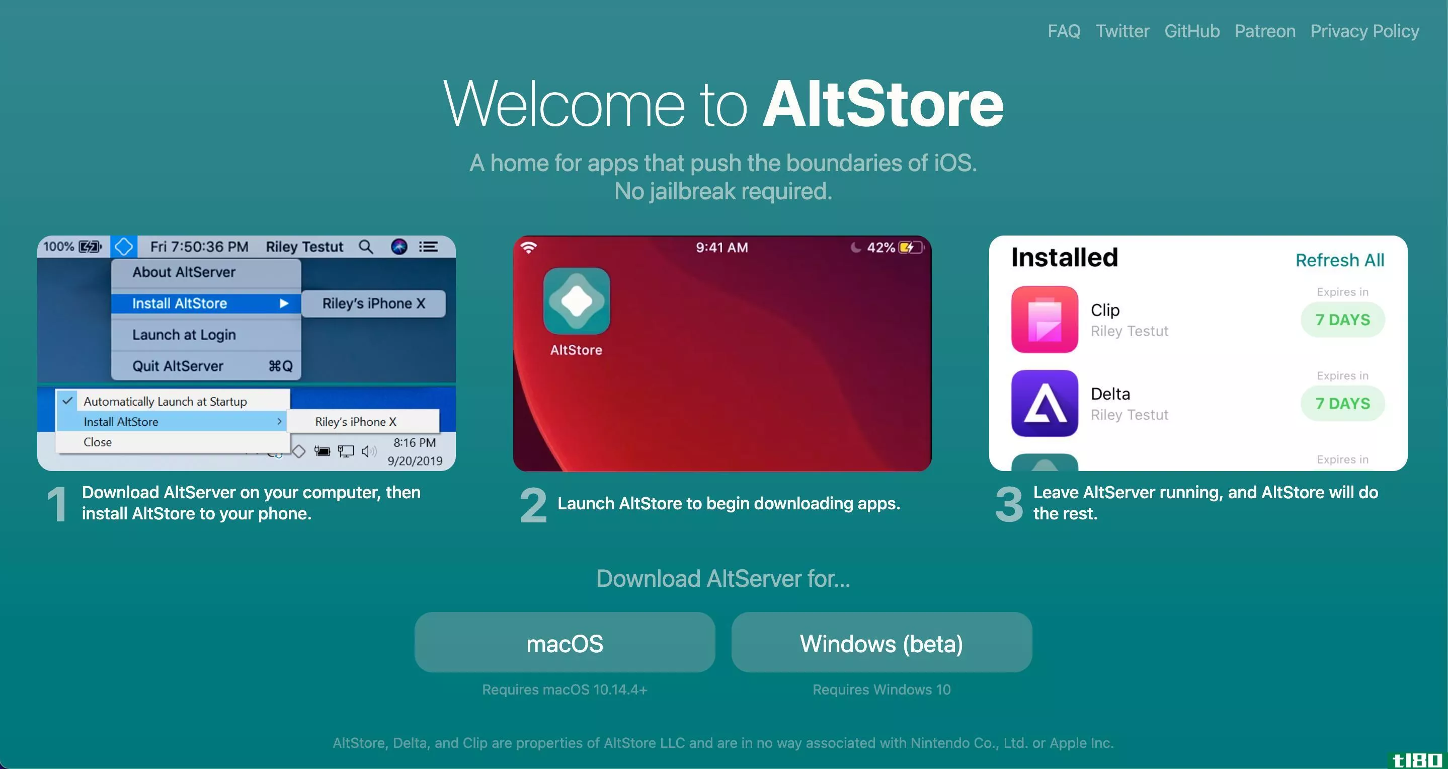 Screenshot of the AltStore website homepage