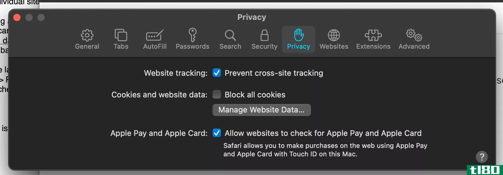 The Privacy tab in Safari Preferences on a MacBook Pro