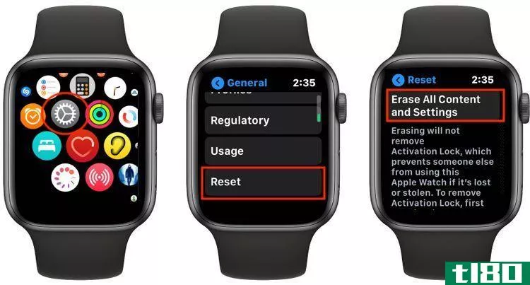 Screenshots showing how to erase your Apple Watch.