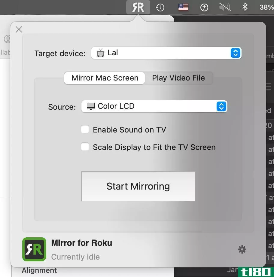 The Mirror for Roku app window is open, with the Mirror tab selected