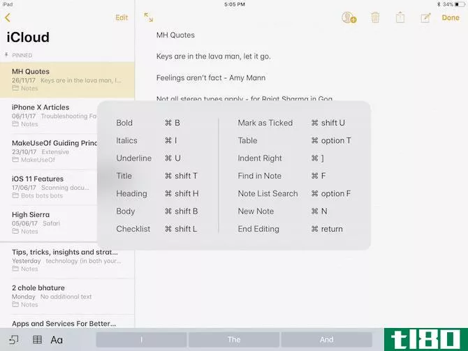 iPad Keyboard Shortcuts display