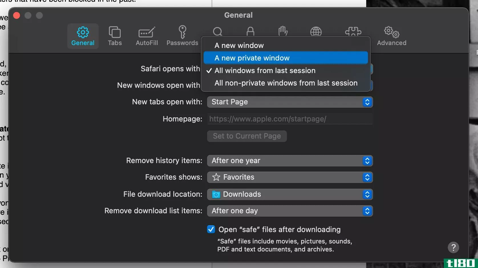 General tab in Safari Preferences on a MacBook Pro, with New windows opened with menu open