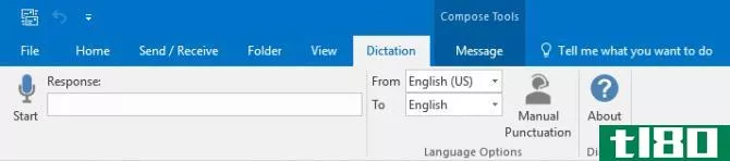 The Dictation tab of Microsoft Outlook