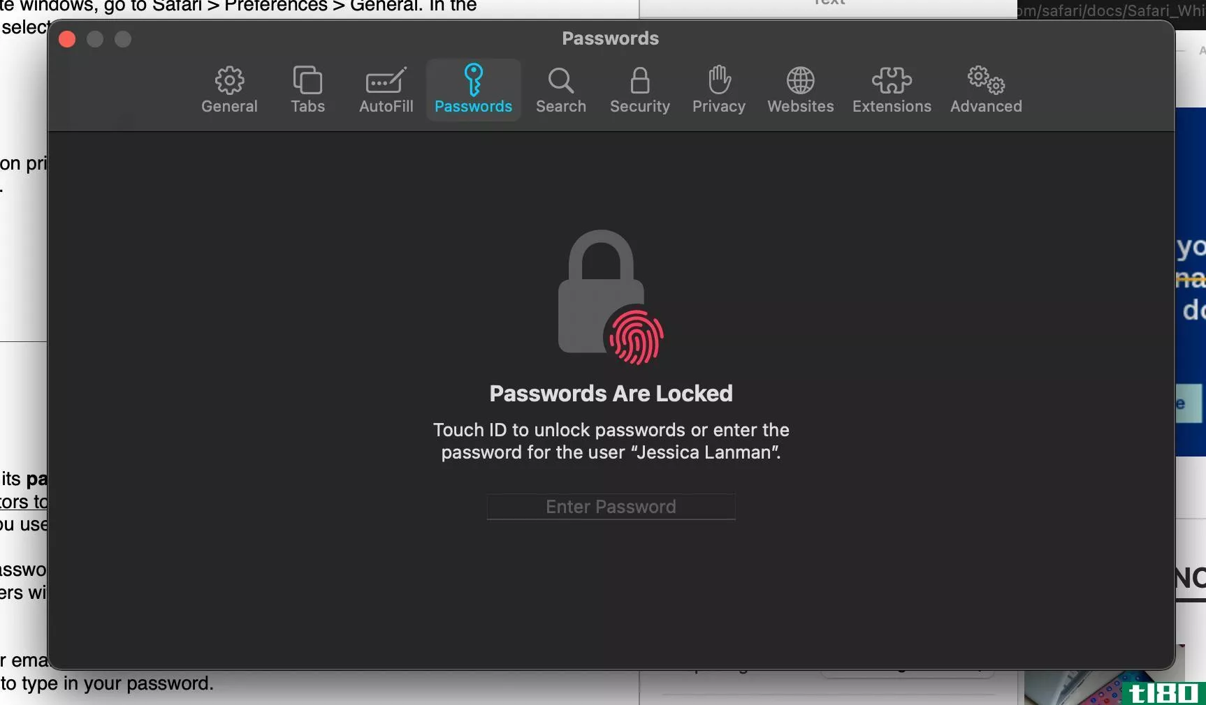 Locked Passwords tab in Safari Preferences on a MacBook Pro