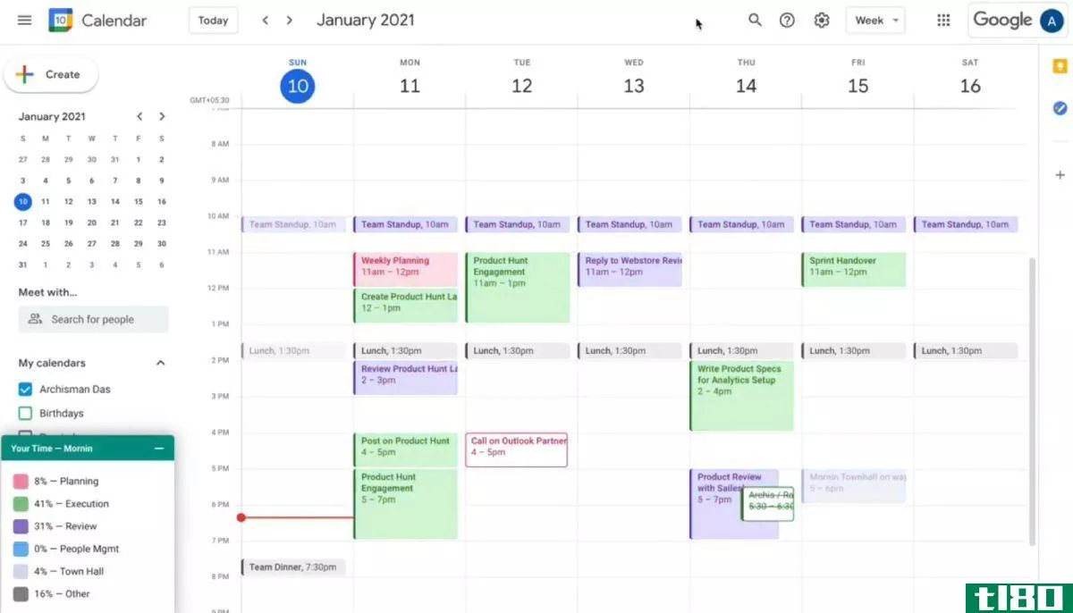 Mornin automatically ****yzes your calendar schedule and color-codes it in six categories