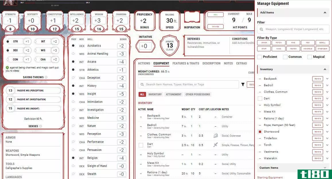 Managing character equipment in DnD Beyond