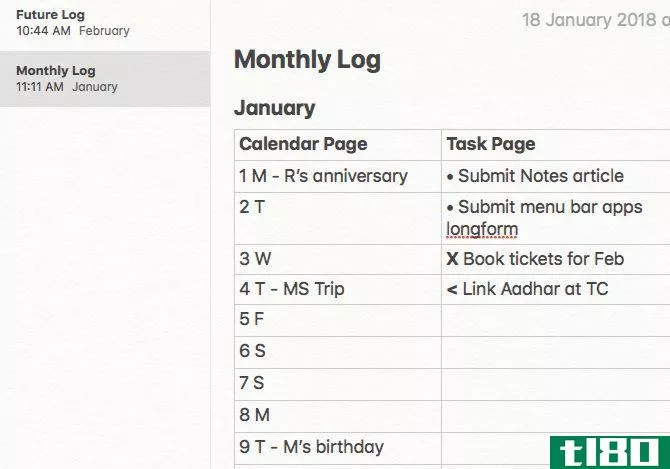 Single monthly log for a bullet journal on Mac