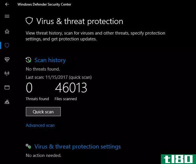 Windows Defender Security Center Virus and Threat Protection