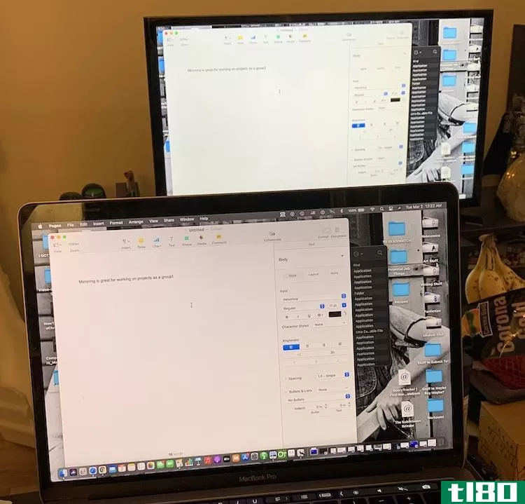 Image of a MacBook Pro screen display, and the same display mirrored on the TV behind the MacBook