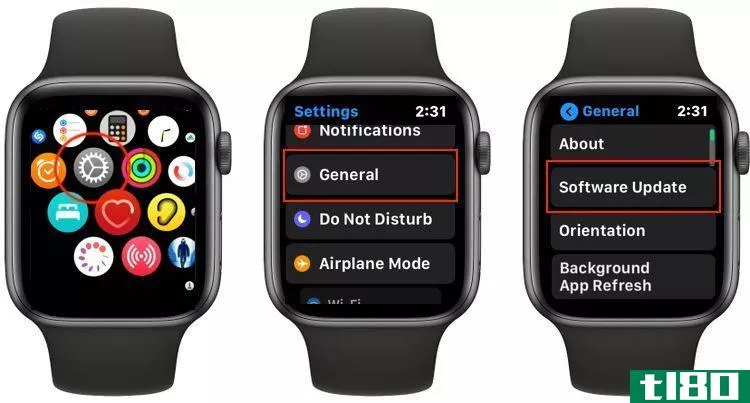 Screenshots show how to check for software updates on Apple Watch.