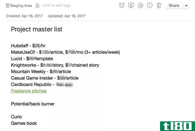 Evernote project management master list