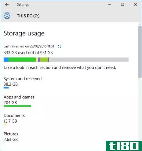 windows 10 storage usage space
