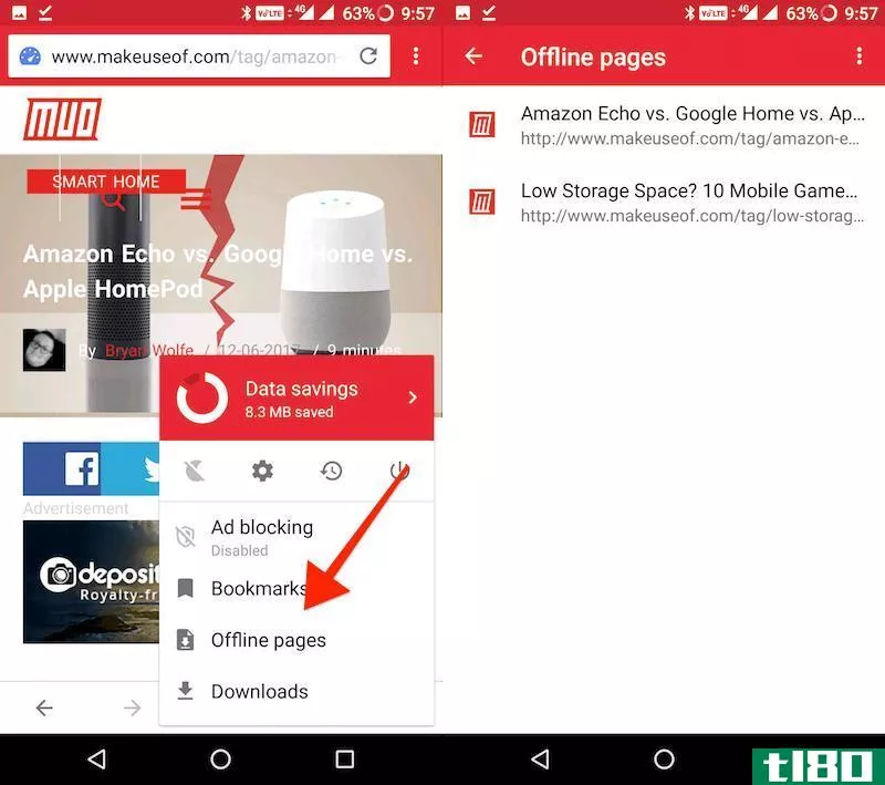 save pages offline with Opera mini - Offline pages section