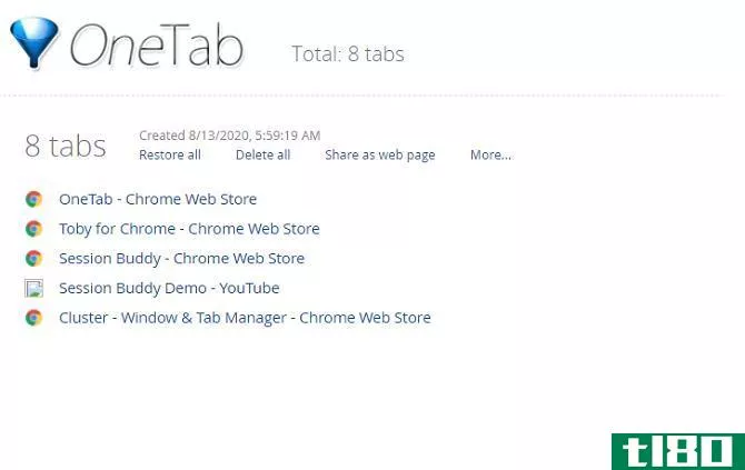 OneTab showing a tab management list in Chrome