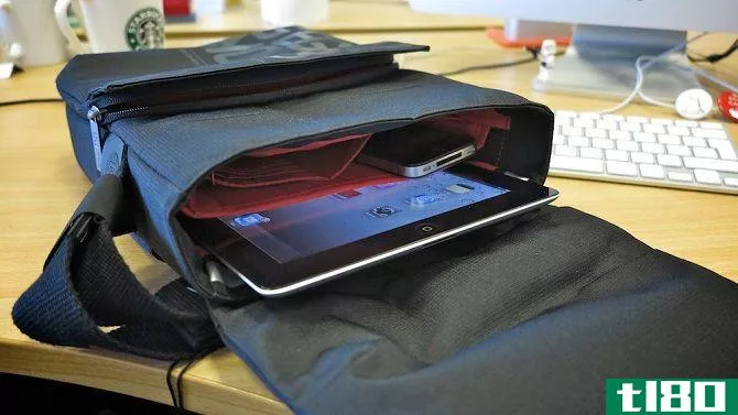 tablet sticking out of open bag