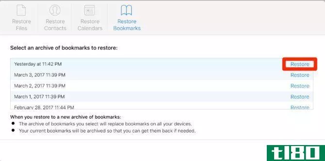 restore bookmarks icloud