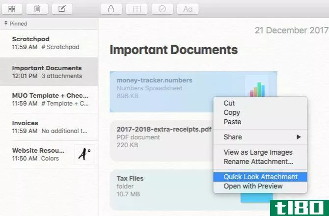 Apple Notes' Quick Look Attachment for quickly viewing files