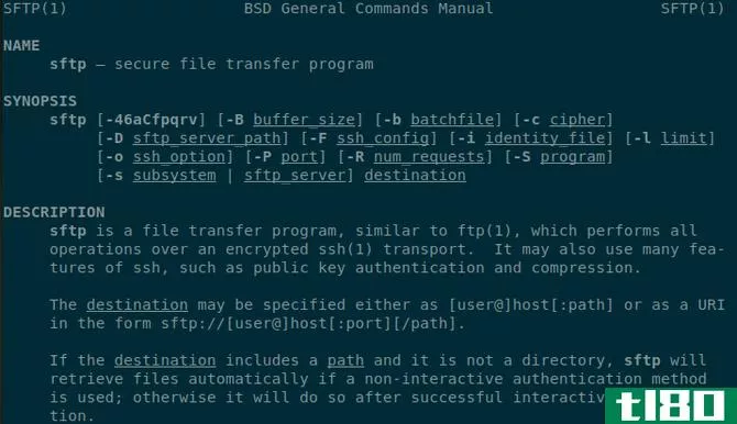 SFTP manual open in a Linux terminal