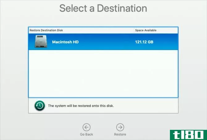 Select a destination window when restoring Time Machine backup with macOS Recovery