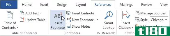 Footnotes in Microsoft Word 2016 Toolbar