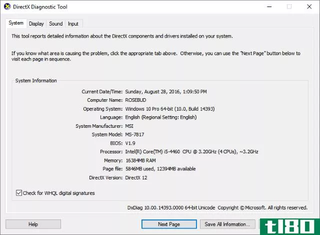DirectX Diagnostic Tool on Windows 10 Screenshot