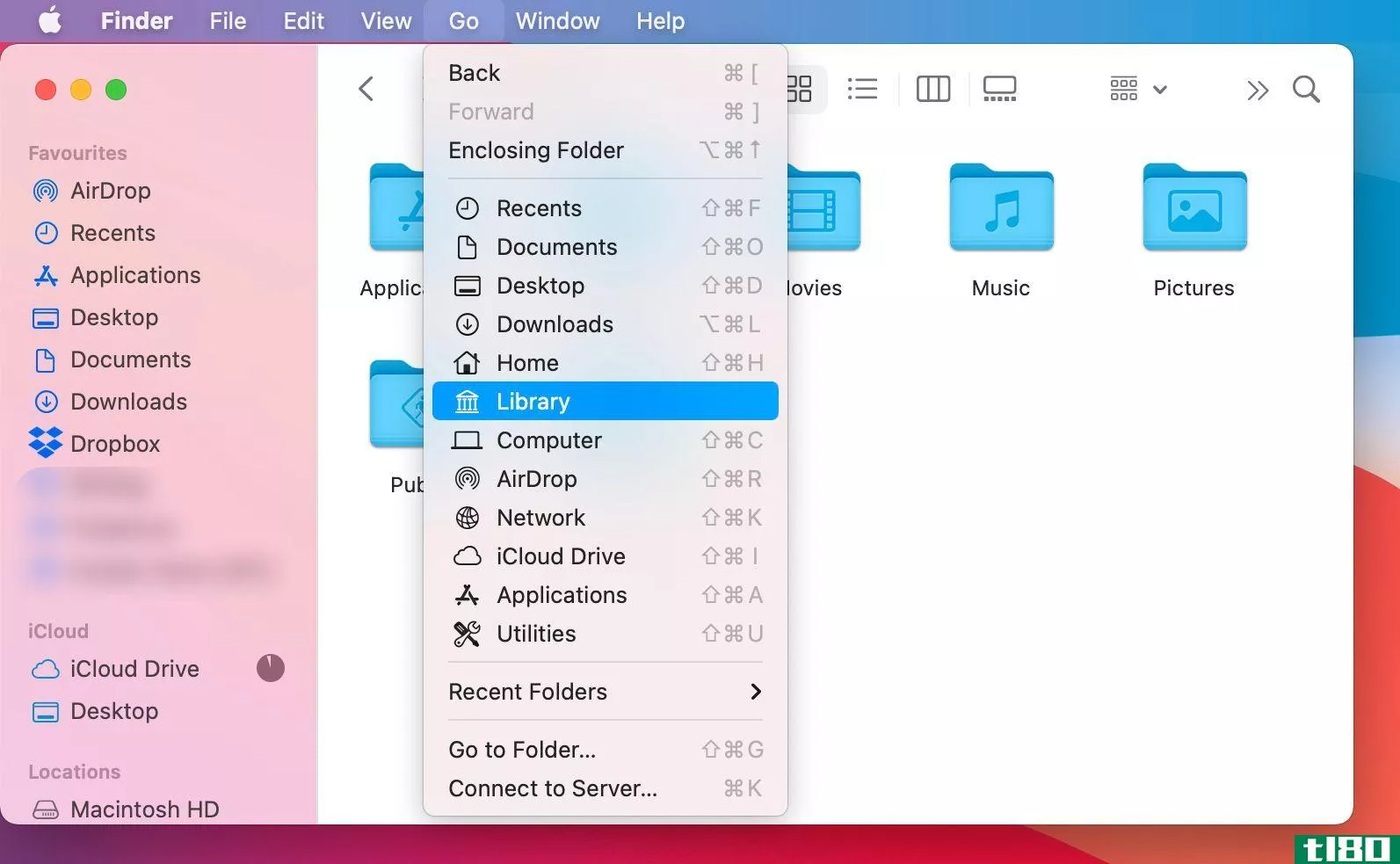 Go to Library option from Finder menu bar on Mac